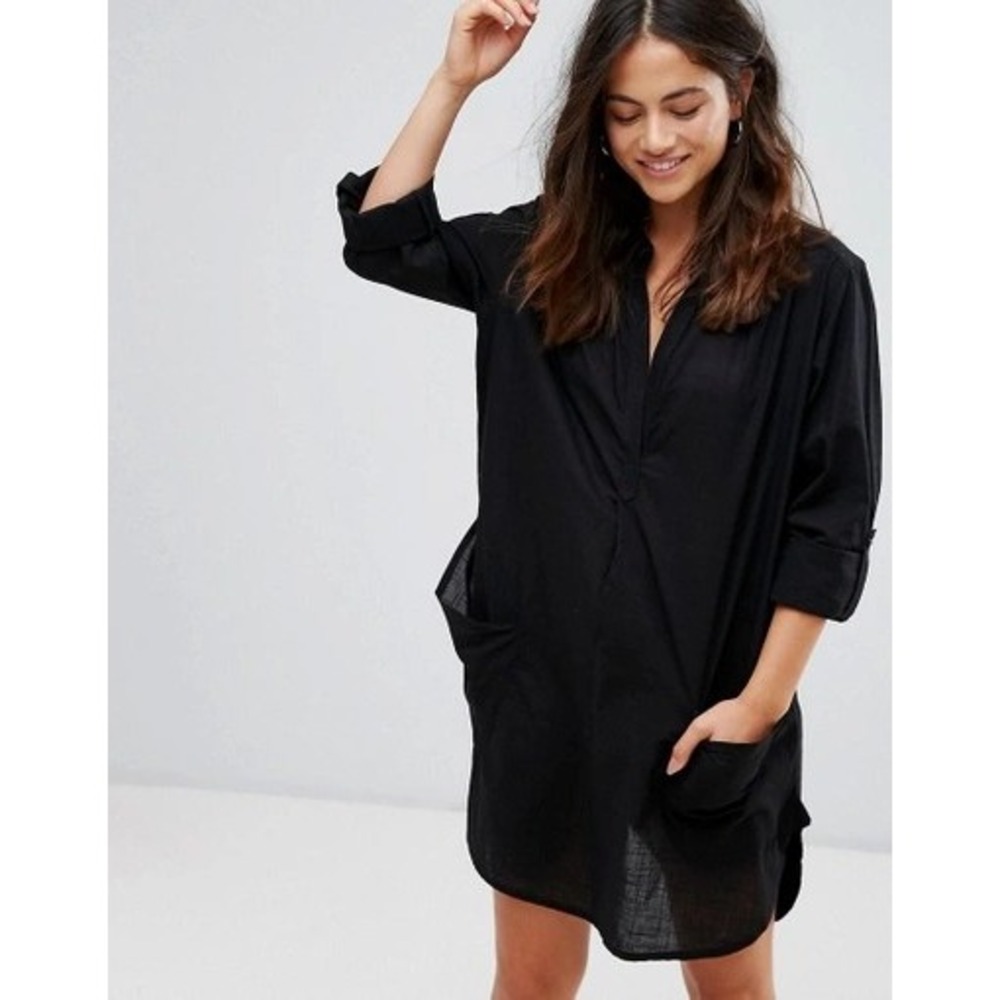 Seafolly Australia Black Cotton Gauze Beach Shirt Dress Cover Up Pockets Small